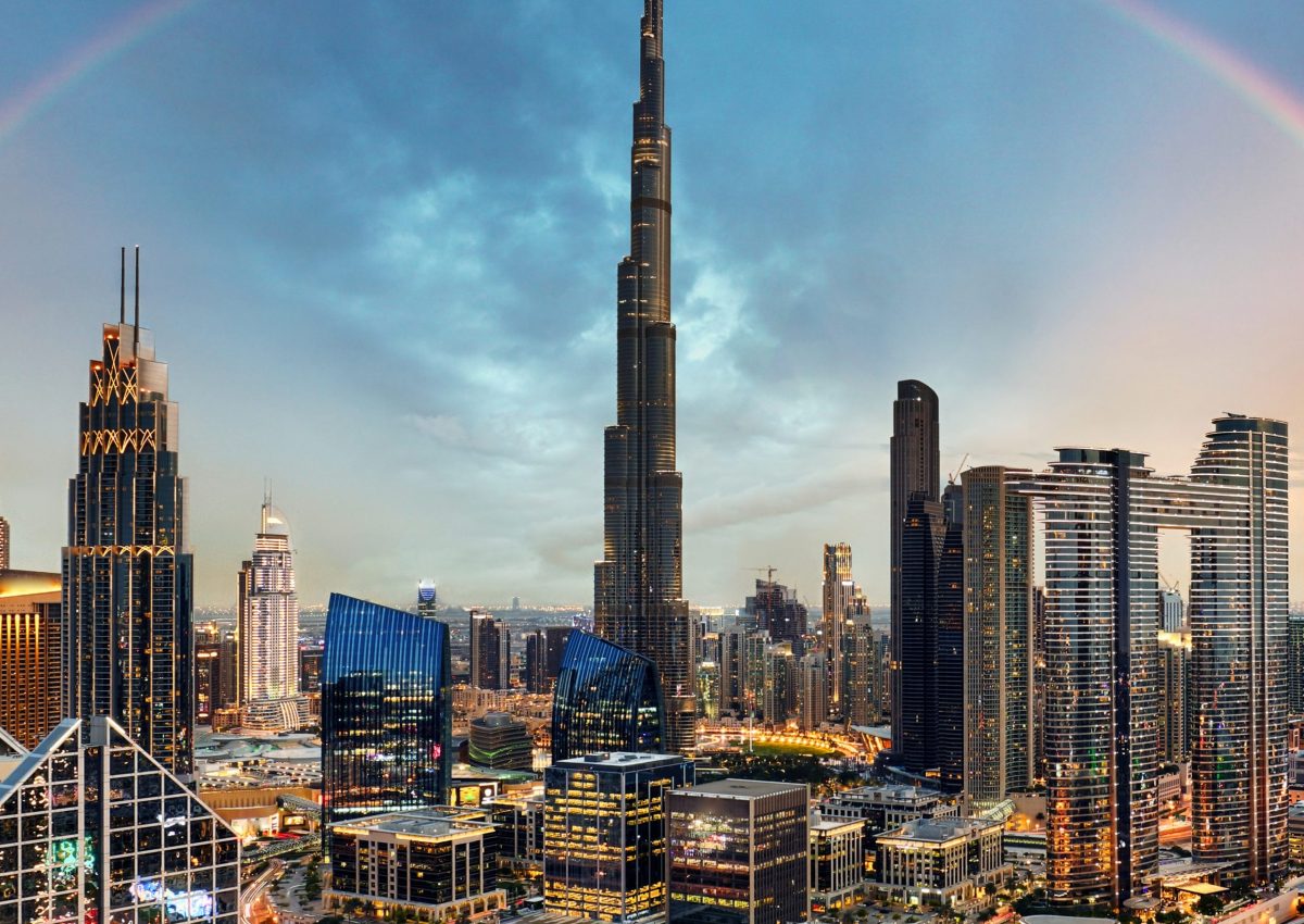 Rainbow,Over,Skyline,Of,Dubai,Bussines,Downtown,At,Sunrise,,United